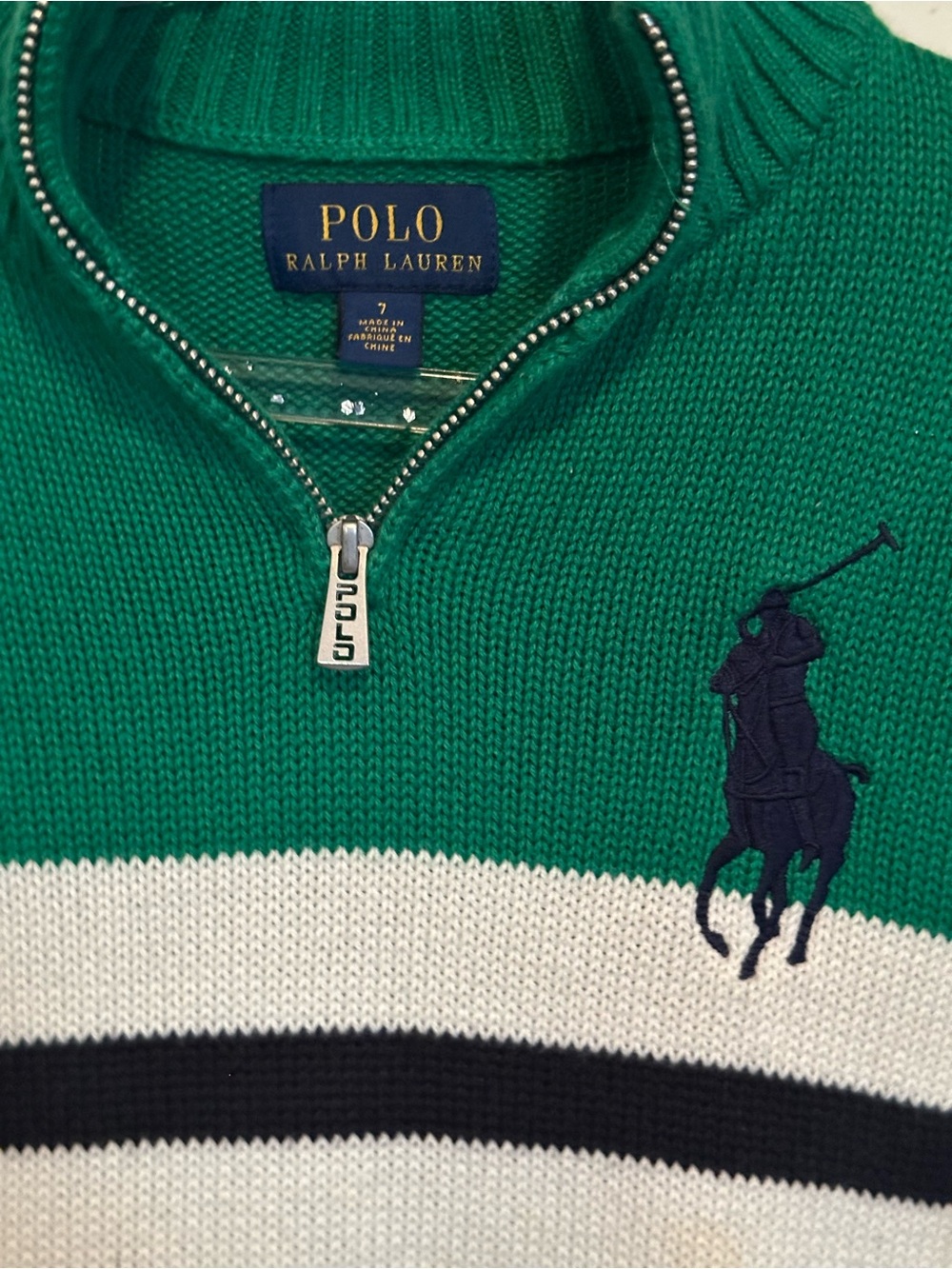 POLO Ralph Lauren Boys Big Pony Green Cream & Navy Color Block 1/4 Zip Sweater - Picture 2 of 5